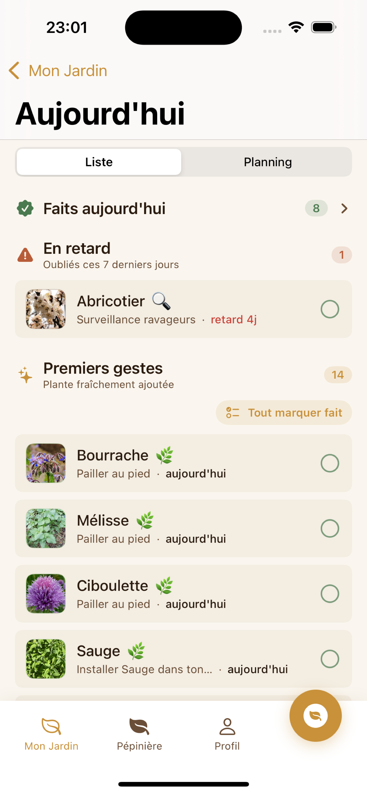 Aperçu de FloreSage : la liste des tâches du jour